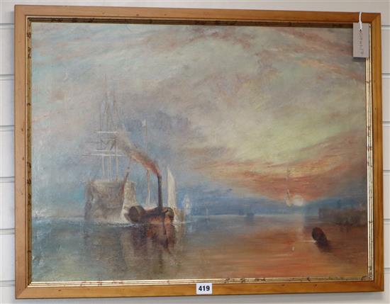 After J.M.W. Turner, oil on canvas, The Fighting Temeraire, 50 x 68cm